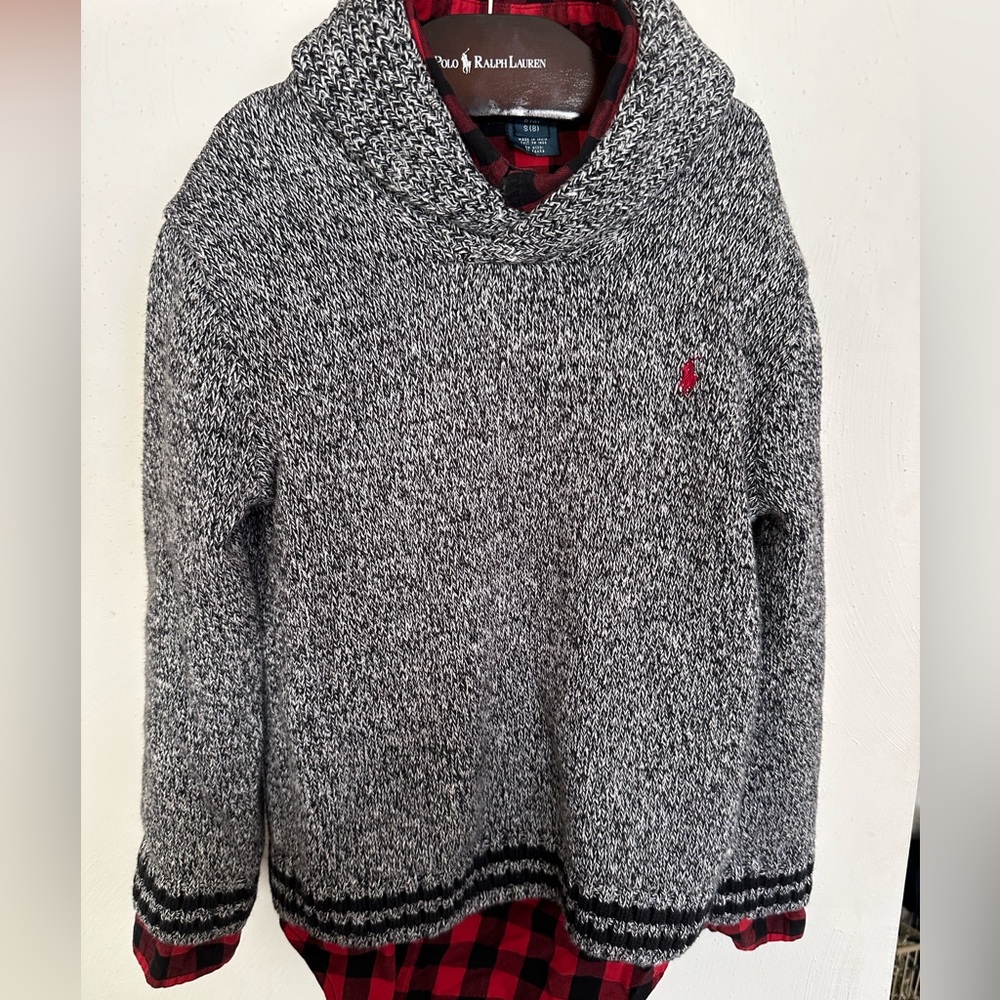 POLO Ralph Lauren Boys Black & White Marled Cowl Shawl Neck Knit Sweater 7